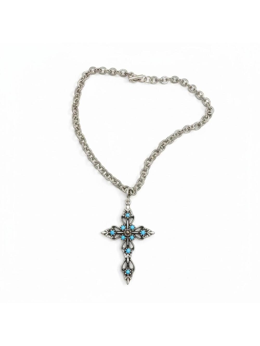 Vintage 22" Silver-Tone Tibetan-Style Turquoise Cross Necklace - Picture 3 of 6